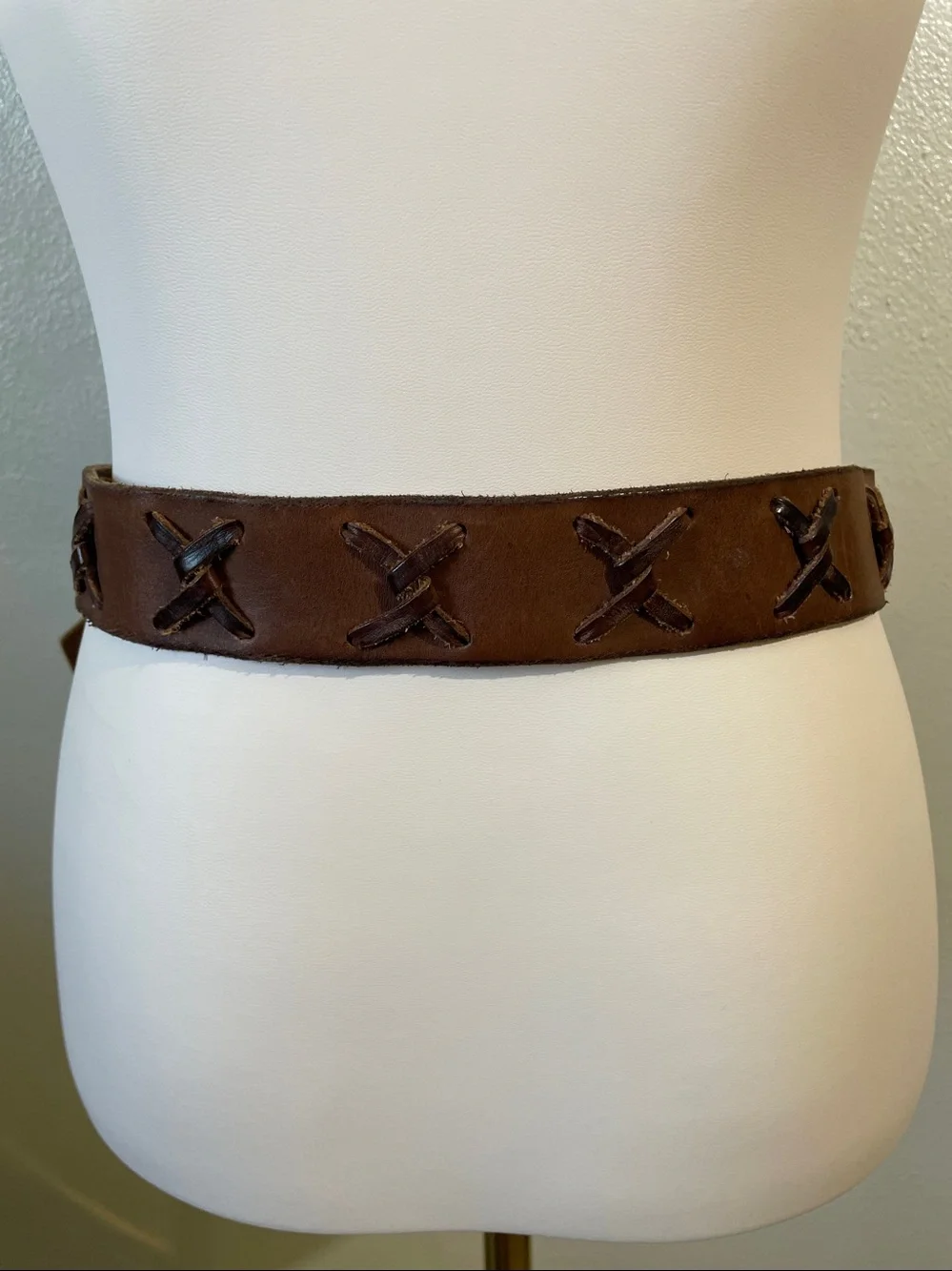 Boho Western Leather Ring Belt Zigzag Stitch Brown Medium Buckle Southwestern